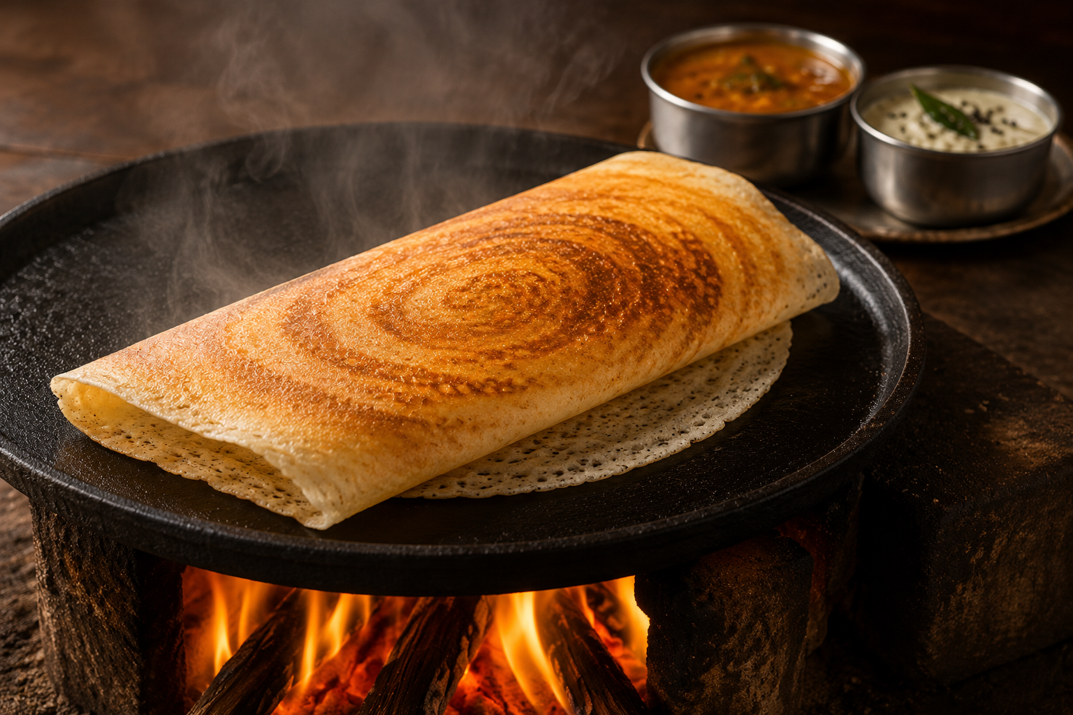 Fresh hot dosa being prepared
